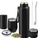 Suclain 3 Pcs Complete Yerba Mate Kit 12 oz Yerba Mate Gourd and Bombilla Set, 34 oz Stainless Steel Thermal Water Bottle with Tea Can, Straw Brush(Black)