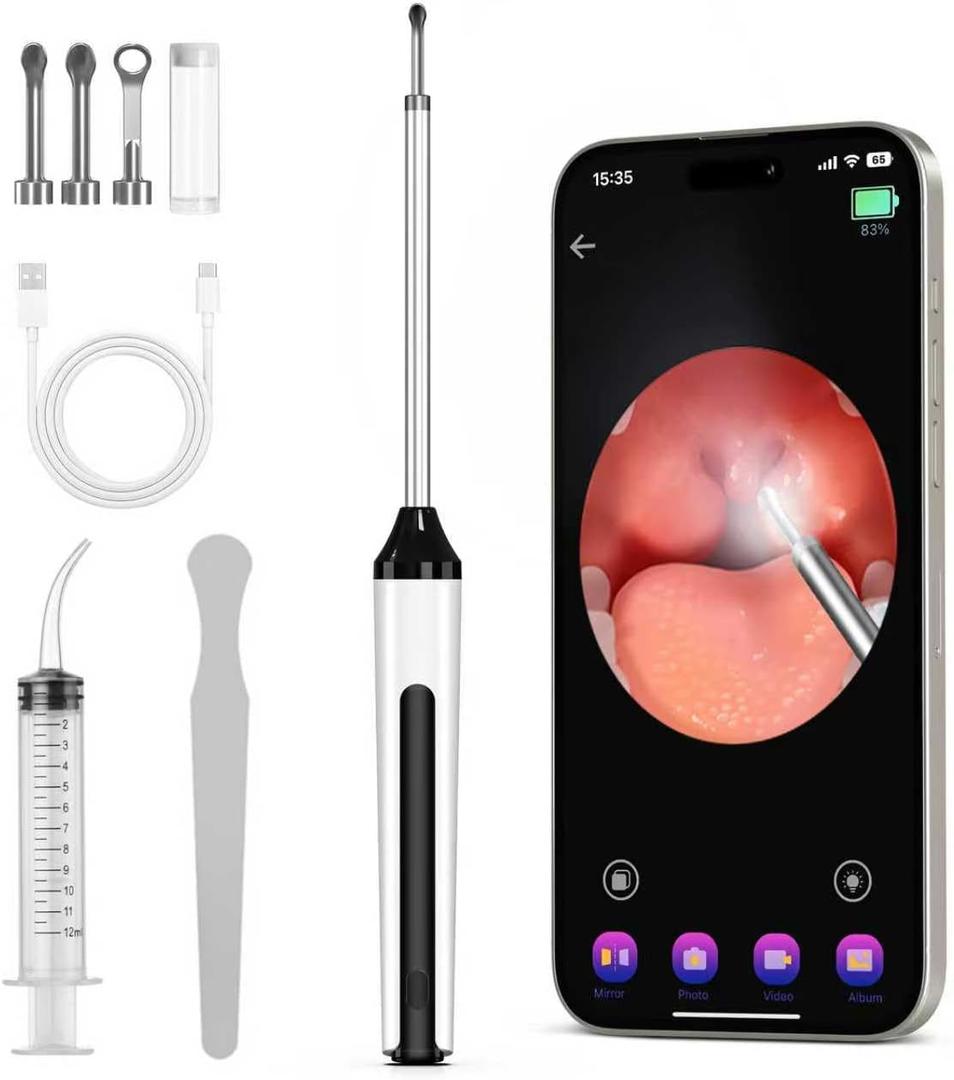 Tonsil Stone Removal Kit with Camera - Visual Tonsil Stone Remover Tool Connect with WiFi - Led Light Tonsillolith Removal Tool with 3 Head AttachmentsWhite