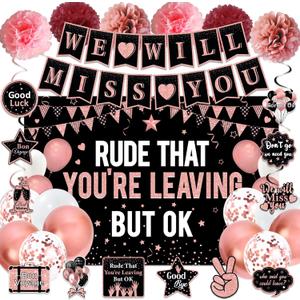 Going Away Party Decorations for Women, Rose Gold We Will Miss You Party Supplies - Rude That You'Re Leaving But Ok Banner Swirls Pompoms Balloons, Great for Retirement Farewell Goodbye Party