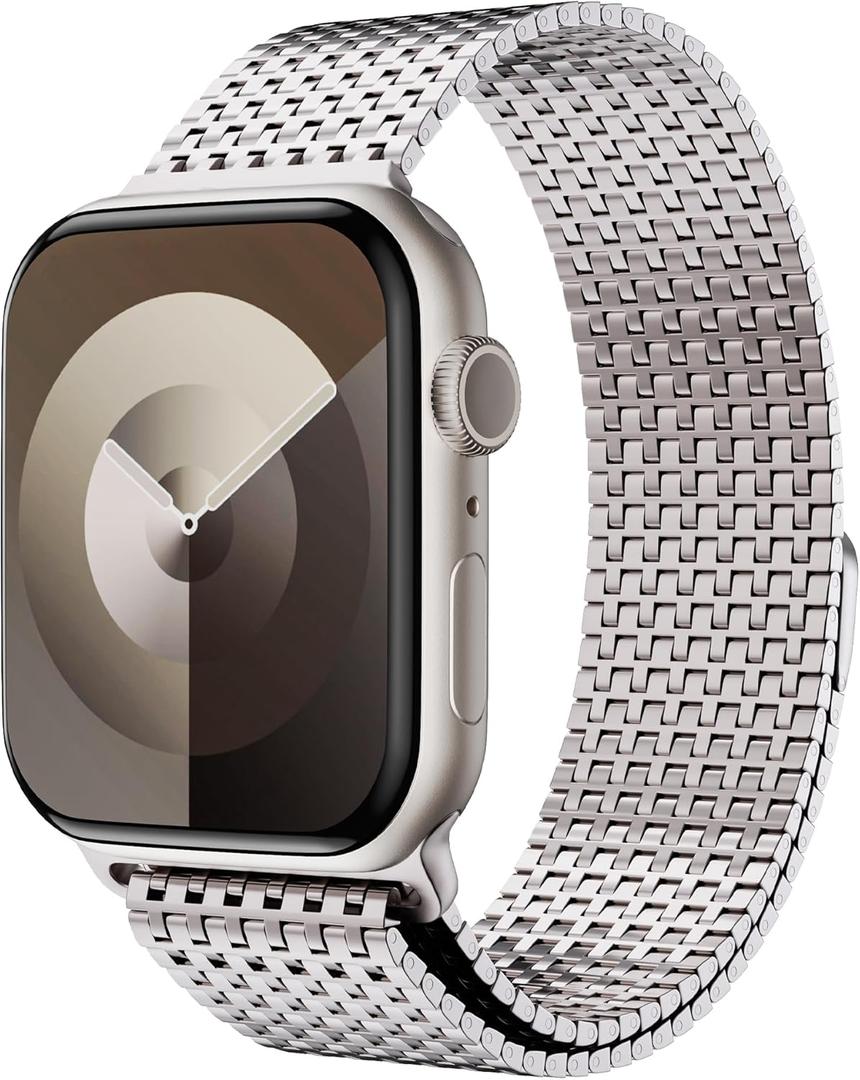 LULULOOK Milanese Mesh Loop Compatible with Apple Watch Band 49/46/45/44/42/41/40/38mm for Men Women, Stainless Steel Magnetic Buckle Strap for iWatch Ultra 3/2 Ultra Series 11 10 9 8 7 6 SE 5 4 3 (Starlight)