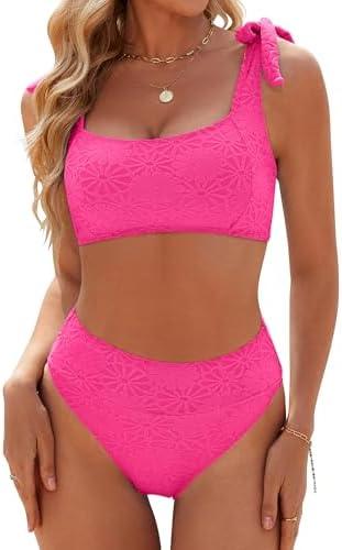 Blooming Jelly Womens High Waisted Bikini Set Tie Strap Jacquard Terry Cloth 2 Piece Swimsuit Modest Cute Retro Bathing Suit, L