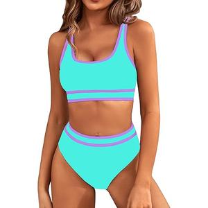 BMJL Women's High Waisted Bikini Sets Sporty Two Piece Swimsuits Color Block Cheeky High Cut Bathing Suits (Small, Sport Blue011)