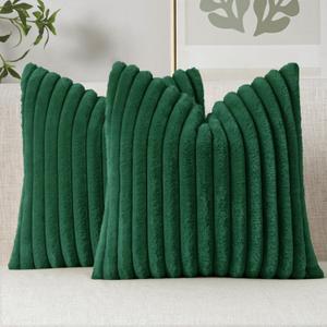 MIULEE Faux Fur Decorative Throw Pillow Covers 18x18 Inch Set of 2, Modern Spring Home Decor Soft Plush Couch Pillows Cozy Fluffy Cushion Covers for Sofa Bed Dark Green