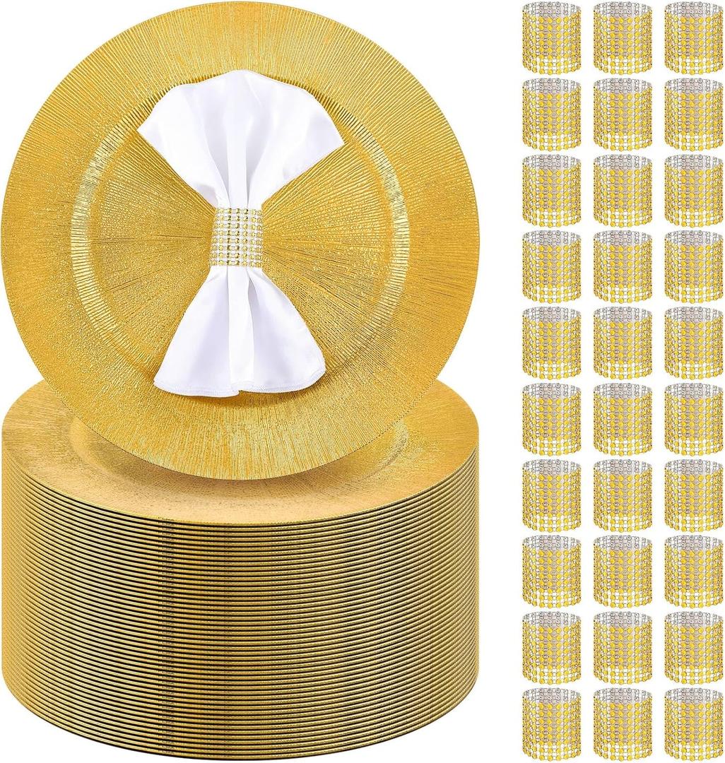 Tanlade 48 Sets Gold Charger Plates Set Plastic Plate Chargers with Napkin Rings 13 Inch Round Bulk for Dinner Table Wedding Event Party Decoration