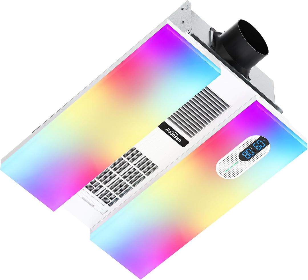 ROJOSAN Bathroom Exhaust Fan with Heater, Smart Fan with Bluetooth Speaker, 2 Heat Levels, Humidity and Odor Sensor, RGB and 3CCT Lighting, Remote Control for Bathroom, Kitchen, Basement (White)