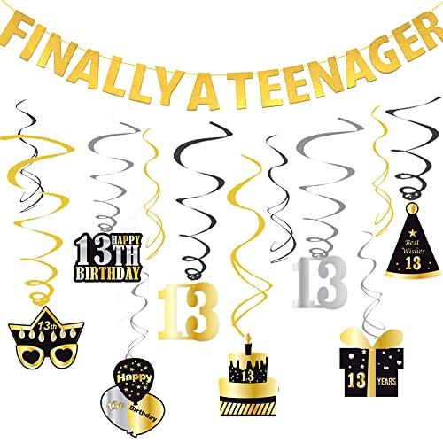 WOJOGO 13 Birthday Decorations for Boys Girls, Pre-strung Gold Glitter Happy 13th Birthday Banner & Swirls, Officially 13 Year Old Teenager Party Decoration Gift Idea