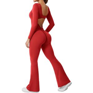 YEOREO One Piece Wide Leg Jumpsuits for Women Workout Long Sleeve Backless Flare Jumpsuit Lizvette Scrunch V Back Yoga Romper (Large, Bright Red)