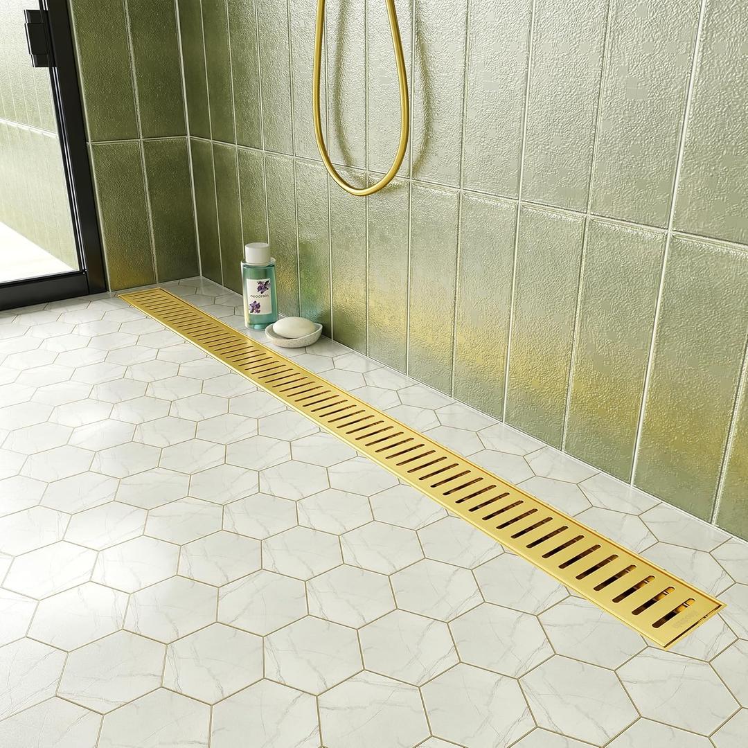 Neodrain 36" Gold Bathroom Linear Shower Drain with Removable Capsule Pattern Grate, 304 Stainless Steel Rectangle Shower Floor Linear Drain- Adjustable Leveling Feet,Hair Strainer, CUPC Certified