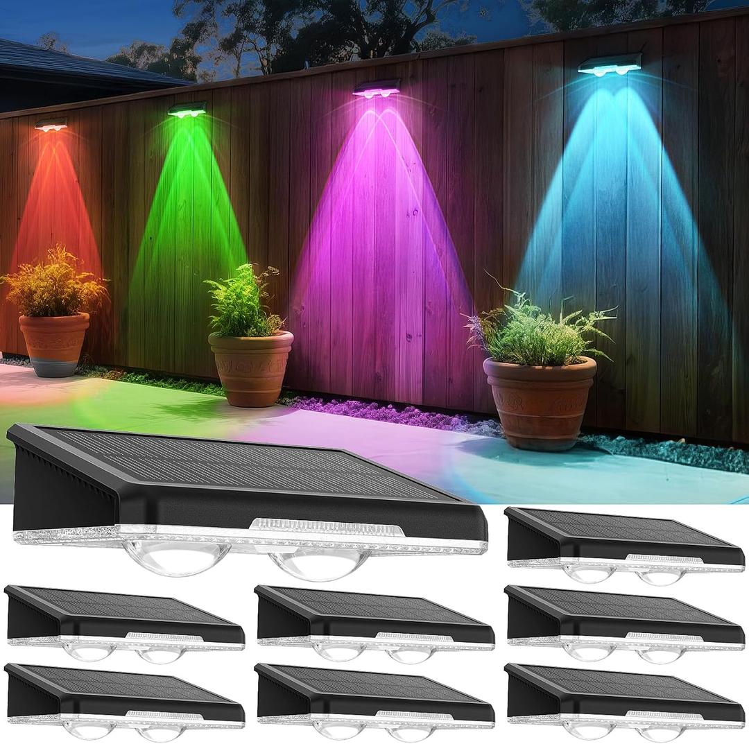 Solar Fence Lights Outdoor 8 Pack - 8 Modes (RGB Cycle/Fixed), Fence Lights Solar Powered for Outside, IP65 Waterproof, Deck Lighting for Wall, Step, Patio, Pathway, Stairs