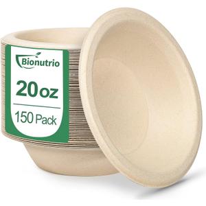 Paper Bowls 20 oz Heavy Duty, 150 Pack Disposable, Biodegradable Compostable, Eco-Friendly Made Of Sugarcane, Microwave Safe for Soup, Salad, Ice Cream, Dessert