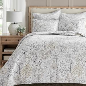 Levtex Home English Forest Natural Reversible Full/Queen Quilt Set (88x92in) and 2 Pillow Shams (26x20in) - Floral - Taupe Grey - Cotton Full/Queen Size Quilt Bedding Set - Lightweight Soft Pre-Washed