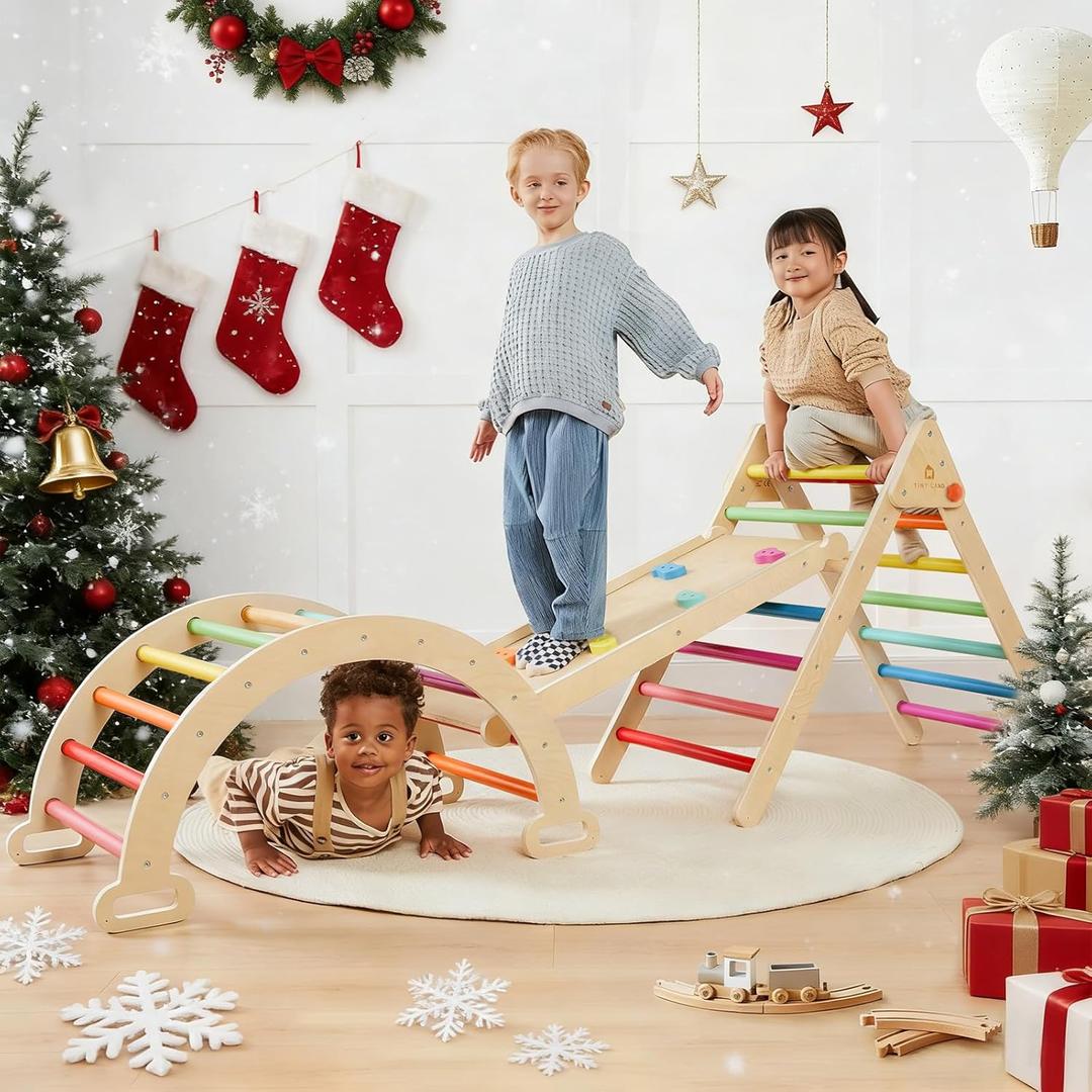 Tiny Land Pikler Triangle Set, 7-in-1 Foldable Pikler Triangle Climbing Toys Set for Kids,Baby Indoor Playground Jungle Gym, Wooden Montessori Climbing Set for Toddler (Rainbow) (Standard)
