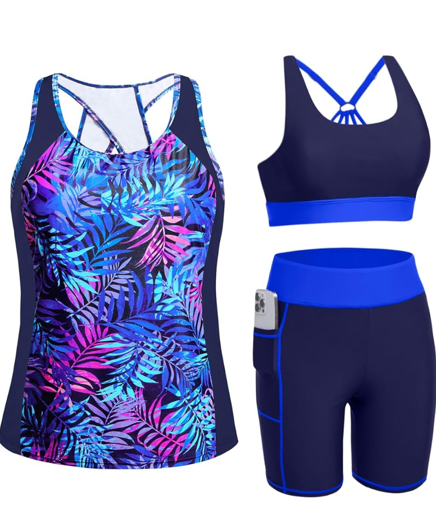 Tempt Me Women 3 Piece Tankini Swimsuits - Athletic Bathing Suits Swim Tank Top with Boy Shorts and Bra Modest Swimwear 2026 M