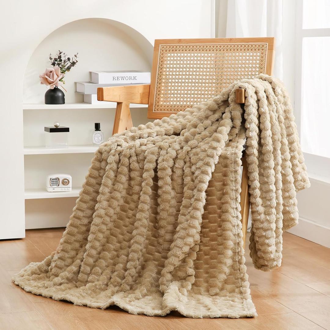 Beige Throw Blanket 50"60" inches Fuzzy 3D Jacquard Decorative Flannel Fleece Super Soft Plush Cozy Blanket for Couch Sofa Chair Lightweight,Khaki