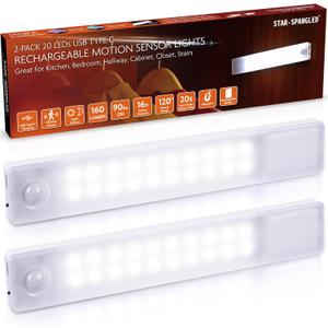 STAR-SPANGLED Under Cabinet Lighting Rechargeable, 8 inch Motion Sensor Lights Indoor Battery Operated, USB Stick on LED Magnetic Closet Light for Counter, Stairs, Kitchen, Cool White, 2 Pack