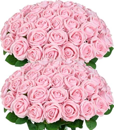 9 Pcs Pink Roses Artificial Flowers, Real Touch Velvet Roses Bouquet Fake Flowers Bulk, Artificial Roses with Long Stems for Birthday Gift Women Mom DIY Bridal Wedding Centerpiece Decorations