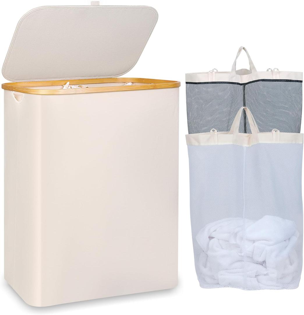 150L Laundry Basket with Lid, Large Laundry Hamper with Bamboo Handle, Collapsible Dirty Clothes Hamper Organizer with Removable Inner Bag for Clothes Toys Towels - Beige
