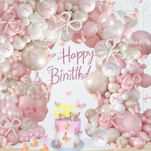 Pink Bow Balloons Birthday Decorations 157pcs White Balloon Garland Arch Kit with Bow tie Butterfly Cupcake Toppers for Engagement bachelorette Wedding Bridal Girls Birthday Party Decorations