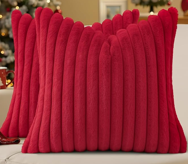decorUhome Cozy Faux Fur Spring Throw Pillow Covers 18x18 Set of 2 Decorative Soft Plush Striped Modern Farmhouse Boho Couch Pillow Cases with Velvet Back for Sofa Bed Living Room, Red