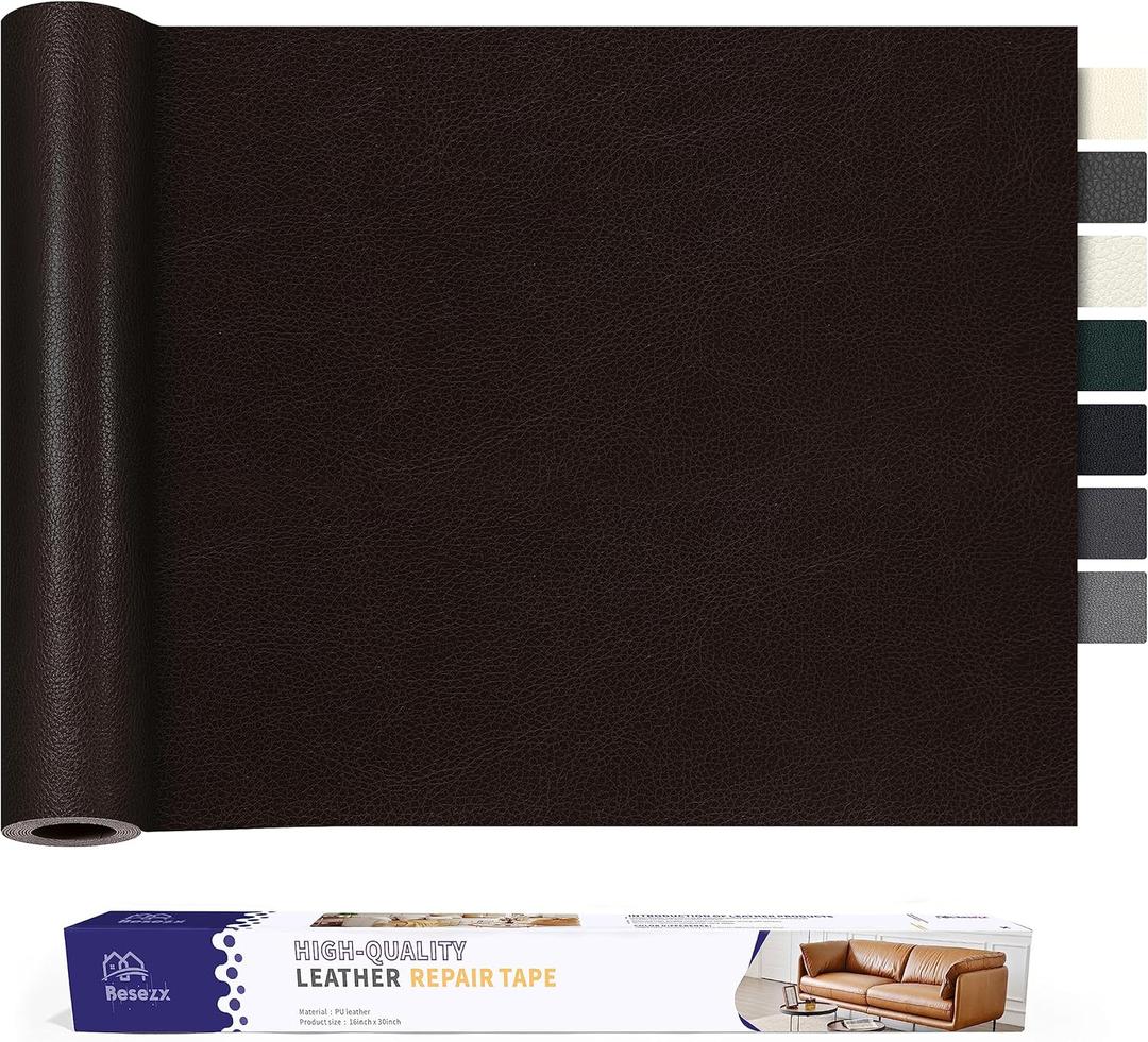 Leather Repair Patch Tape Kit, Self-Adhesive Leather Repair for Furniture, Couch, Sofa, Car Seats, Office Chair, Vinyl Repair Kit. 30inx16in (Dark Brown-Litchi Grain)