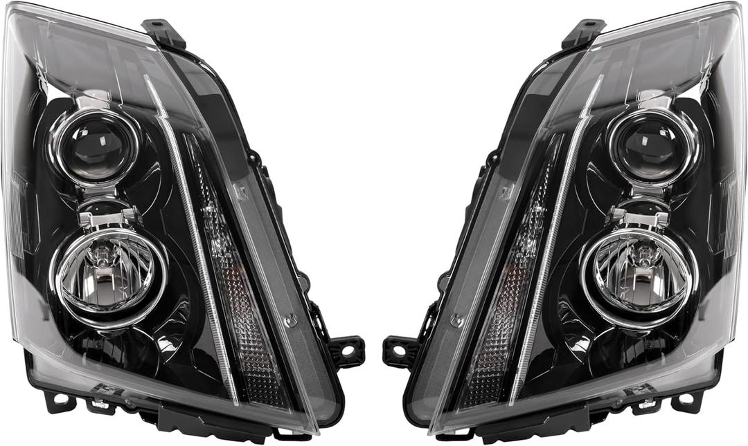 Pair Projector Headlight w/Bulbs LED Tube Bar Compatible with 2008-2015 Cadillac CTS Front Lamp Clear Lens Black Housing White Light Bar Not Compatible on Models w/Factory HID Headlights