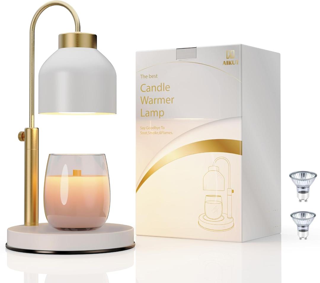 AIKUT Candle Warmer Lamp, with 2 Bulbs,Timer & Dimmer,Compatible with Large Yankee Candle Jars,3 Wick Candles,Height Adjustable Electric Top Candle Melter,White,110-120v