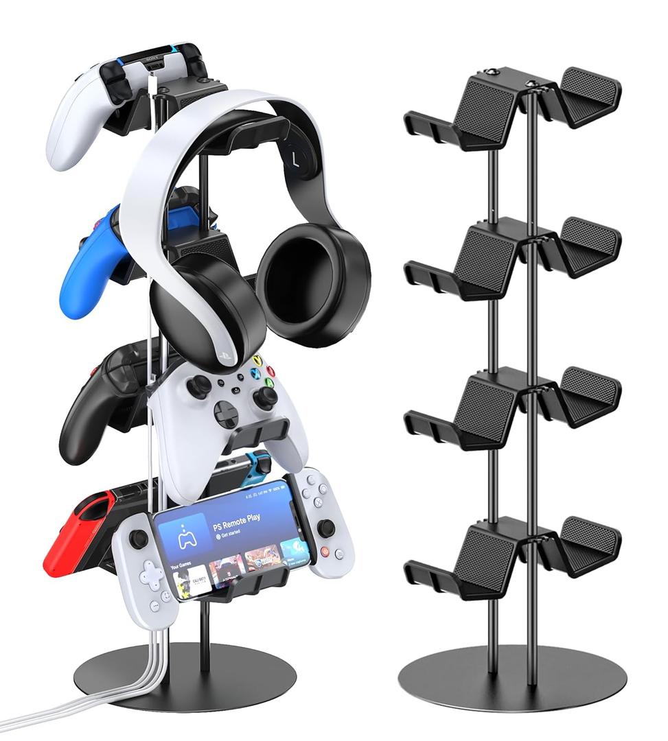 Controller Holder for PS5/PS4/Xbox/Switch, Headphone Stand with 2 USB Charging Ports and Type-C and Headphone Jack, Headset Holder with Cable Organizer, Controller Stand for Desk, 4 Tiers