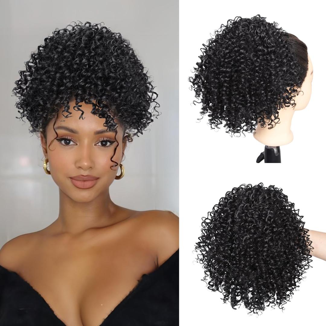 Short Curly Drawstring Ponytail Extension for Black Women Synthetic Short Afro Kinky Curly Black Ponytail Drawstring Extension Messy Bun Hair Piece Protective Style for Daily Party Use 10Inch 1B