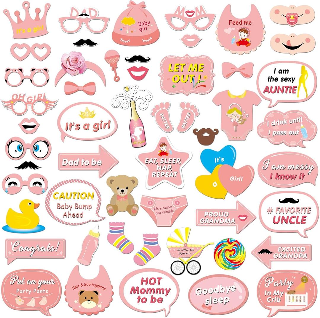 It's a Girl Photo Booth Prop (53Count), Konsait Baby Shower Pink Lovely Baby Bottle Masks Photobooth Props with Sticks for Baby Shower Accessories Newborn Girl Gift Party Favor Supplies Ideas