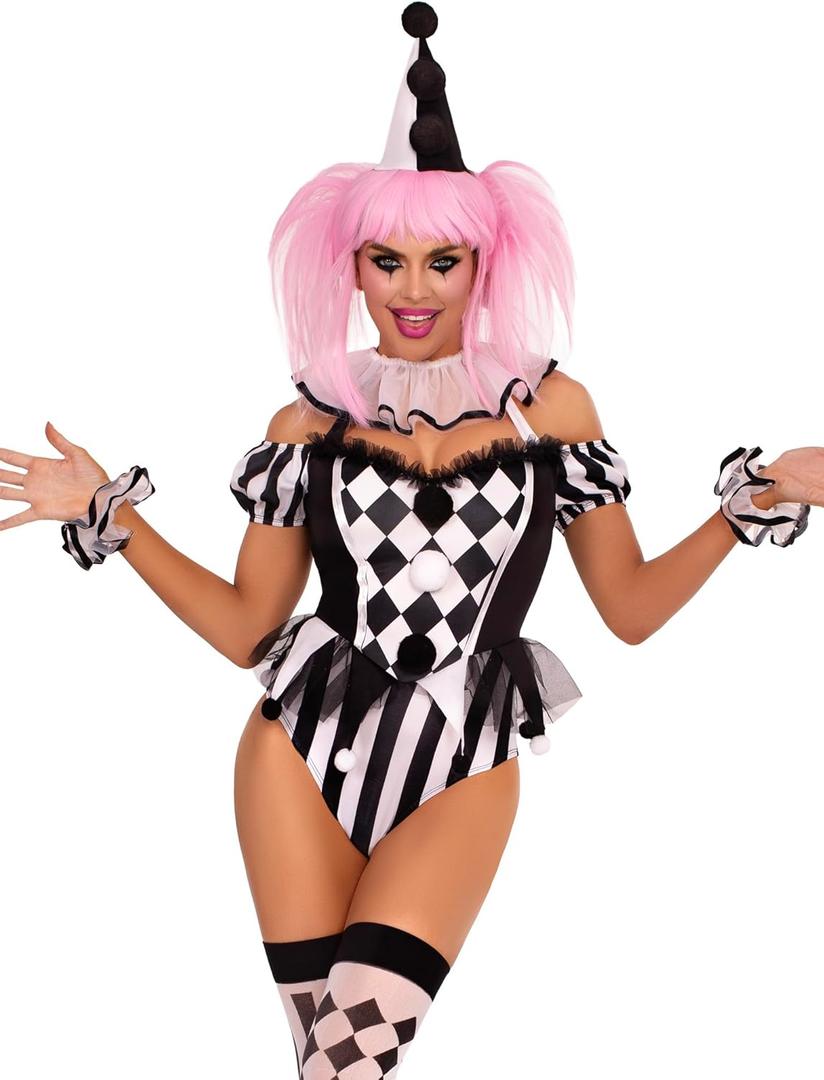 Leg Avenue Women's 4 Pc Captivating Circus Clown with Snap Crotch Bodysuit With Neck Ruffle, Wrist Ruffles, Hat Headband