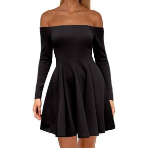HYPERFIRE Women's Off The Shoulder Long Sleeve Short Dress A Line Pleated Mini Party Dresses (Black, S)