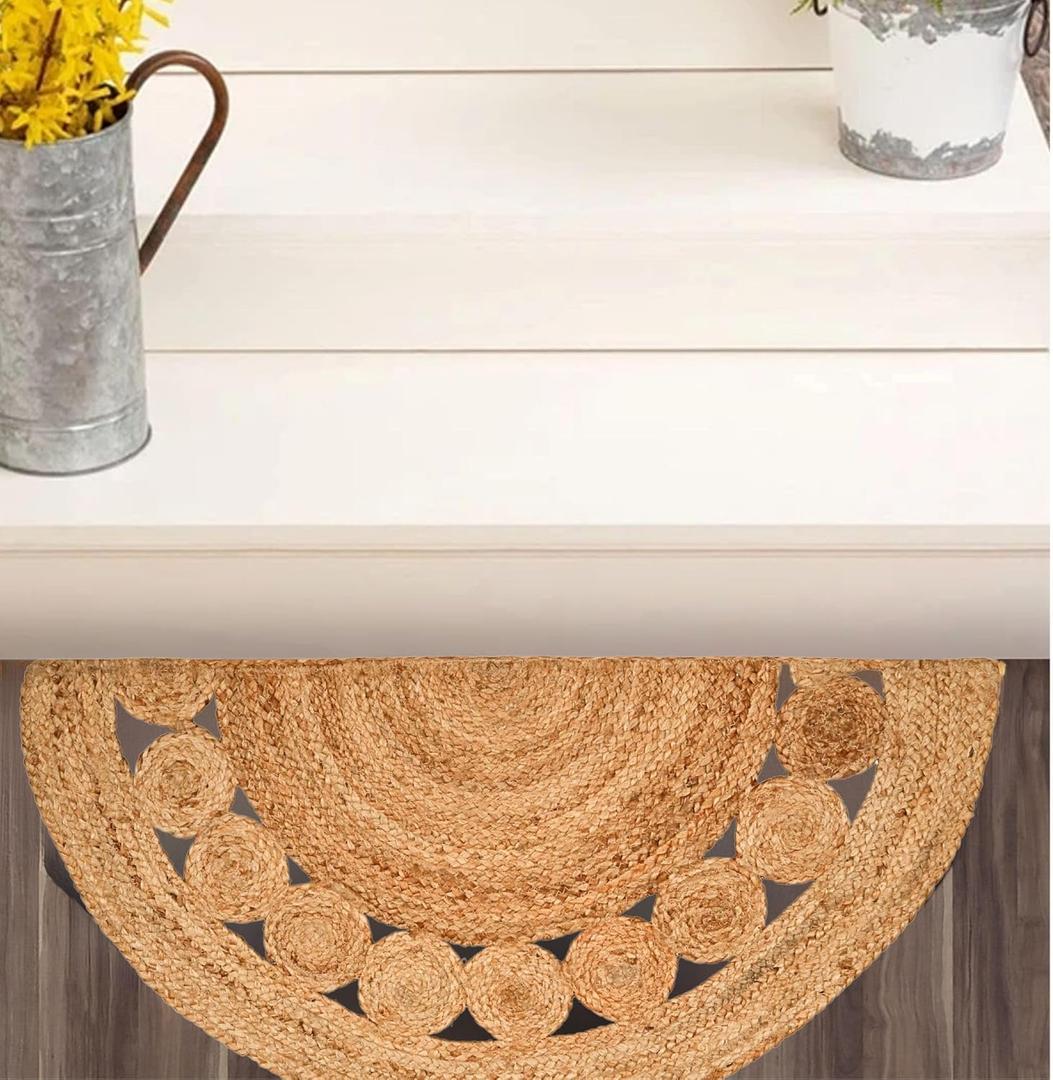 Boho Braided 1.5x3 Area Rug - Jute Natural Fiber Half Circle Rug for Living Room Entryway, Farmhouse, Home, Indoor Rugs Jute Door mat for Bathroom (Natural Dot, 1.5 X 3 ft)