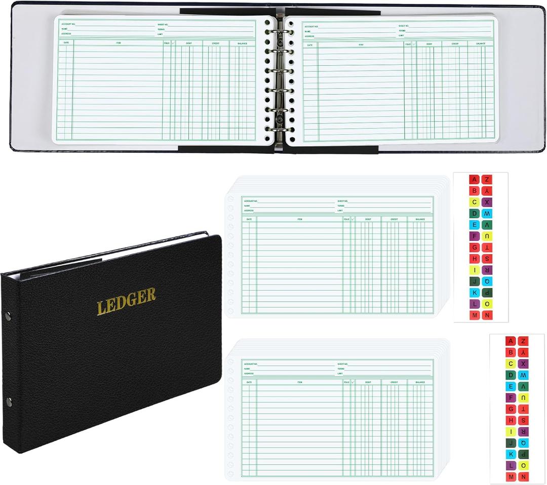 Skyygemm Ring Ledger Binder with 200 Pcs 5"x8.5" Ledger Sheets Small Index Tabs for Bookkeeping Accounting Business with Debit Credit Balance Columns(Black Cover, White Sheets)