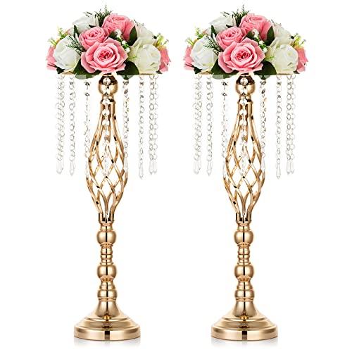 NUPTIO 2 Pcs Crystal Flower Stand Wedding Centerpieces for Tables, 21.7in/ 55cm Tall Elegant Metal Flower Arrangement Stand, Tabletop Metal Flower Vase for Wedding Party Dinner Event Hotel Home Decor