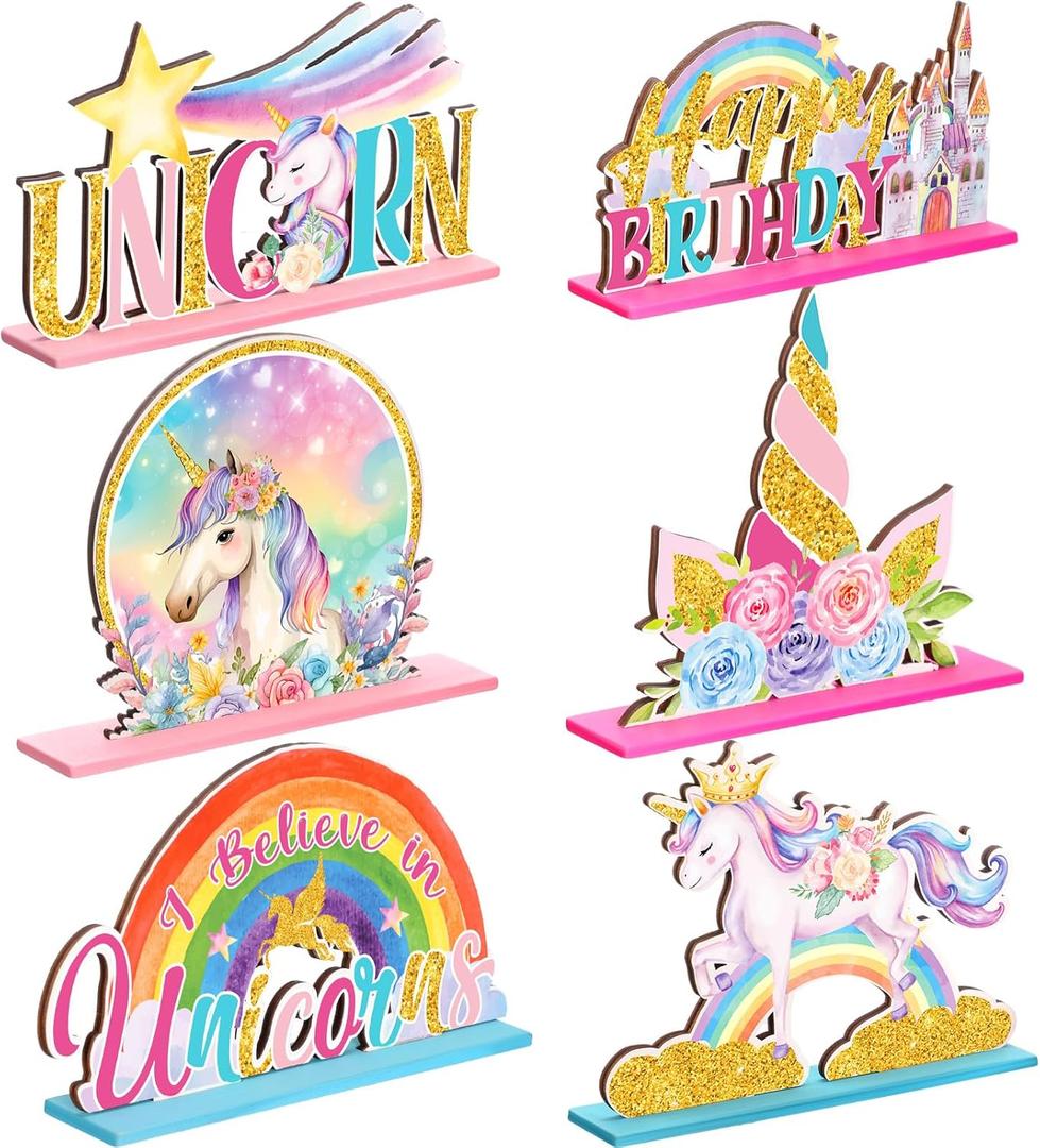 6 Pcs Unicorn Birthday Table Wooden Decorations Unicorn Rainbow Birthday Party Table Decor Pink Photo Props Sign for Girls Baby Shower Party Supplies