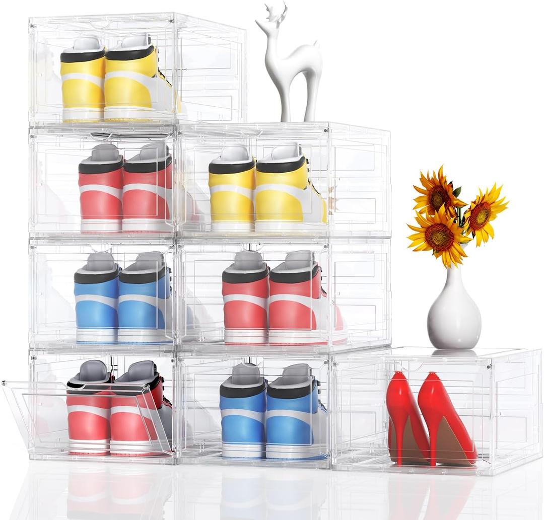XL Large 8 Pack Shoe Storage Organizer Clear Plastic Boxes Stackable Thicken Material Easy to Assemble Fit Sneaker Storage Size 12 13 14,Plastic Shoe Storage Organizer for Closet with Lids and Door