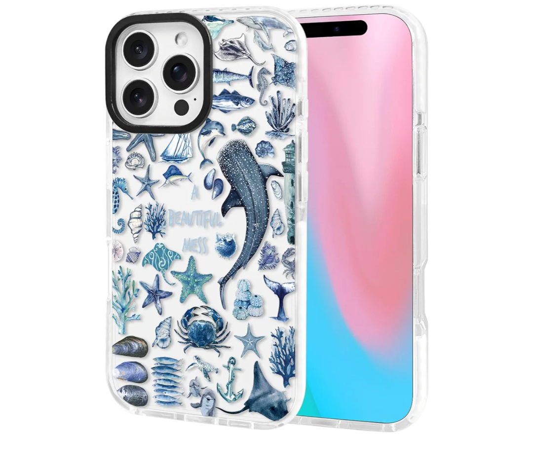 ChiCsFleur for iPhone 16 Pro Case, TPU Phone case with Camera Protection for Women Girls Teens - Blue Whale Shark Stingray Coral Starfish Crab Beautiful Mess Ocean Collage Sorority Aesthetic Unique
