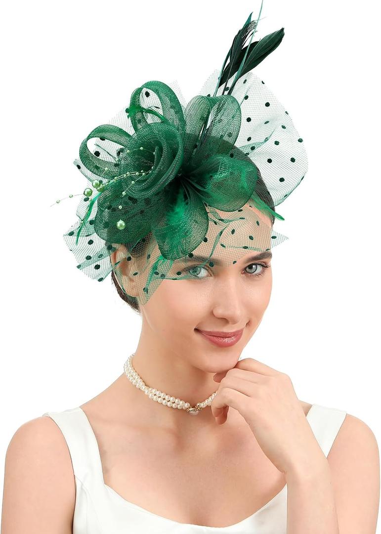 Fascinators Hats for Women Classic Satin Tea Party Headwear Fascinator Hat with Headband and Clip (Green)