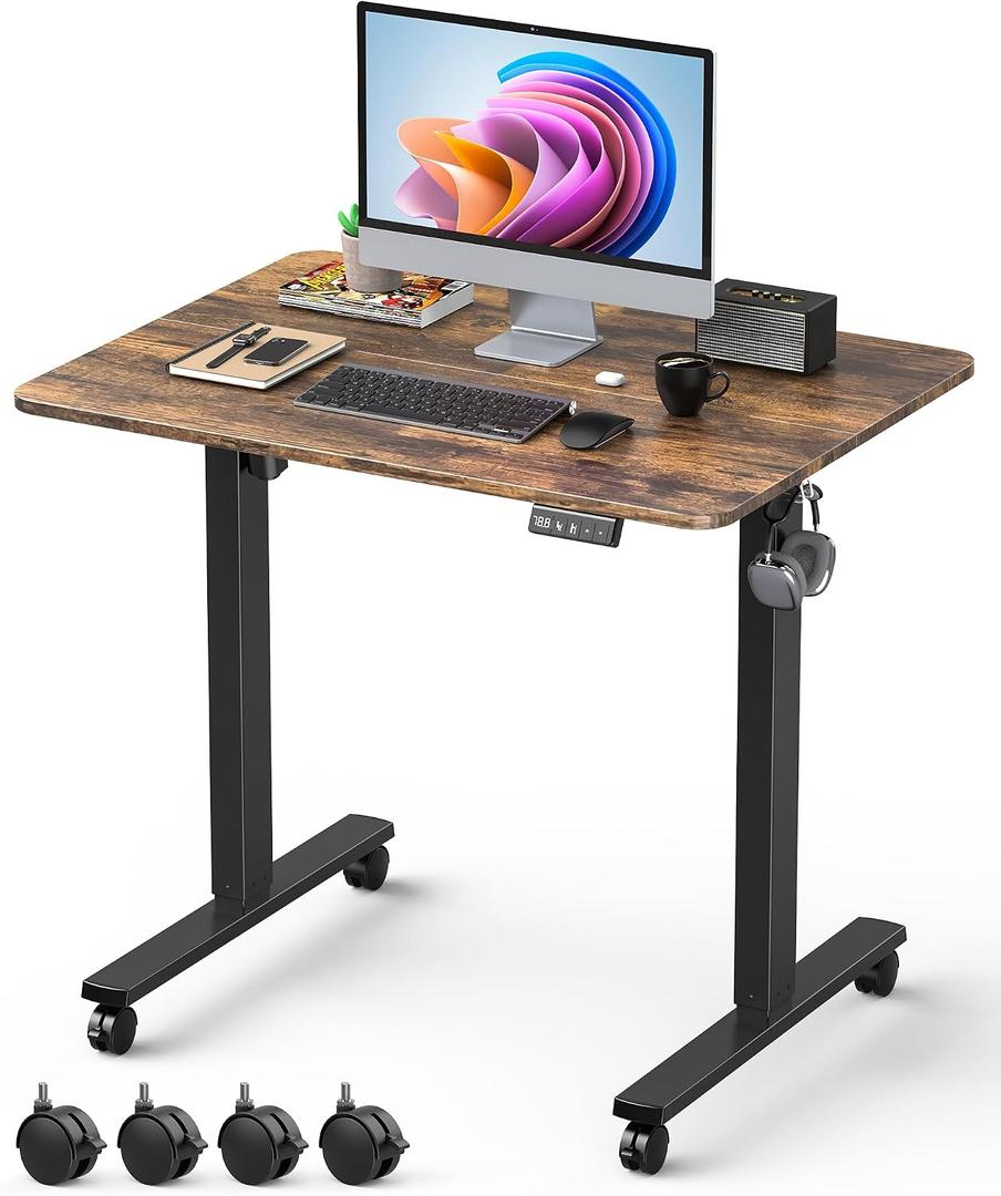 32" Small Electric Rolling Standing Desk Adjustable Height, Mobile Sit Stand up Desk with Lockable Casters for Home Office & Computer Workstation, Splice Board, 2 Hooks, Black Frame/Rustic Brown Top