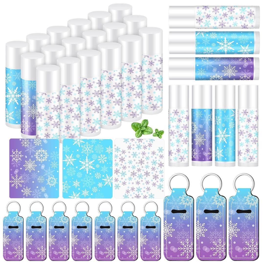 36 Pcs Winter Snowflake Party Favors Wonderland Lip Balm and Lipstick Holder Keychain Bulk January Birthday Gifts for Coworkers Employee Women Guest Bridal Shower Party Supplies