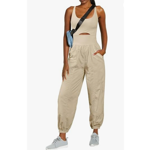 ReachMe Womens Running Onesie Athletic Romper Pants Hiking Outfits One Piece Workout Jumpsuits with Pockets (X-Small, Beige)