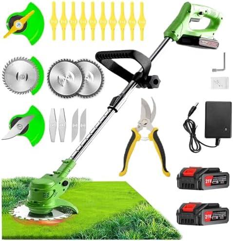 21V Cordless Weed Wacker Electric String Trimmer/Edger, 2.0Ah Battery and Charger Included, Brush Cutter Lawn Mower with 3 Types of Blades, for Lawn, Yard and Bush Trimming