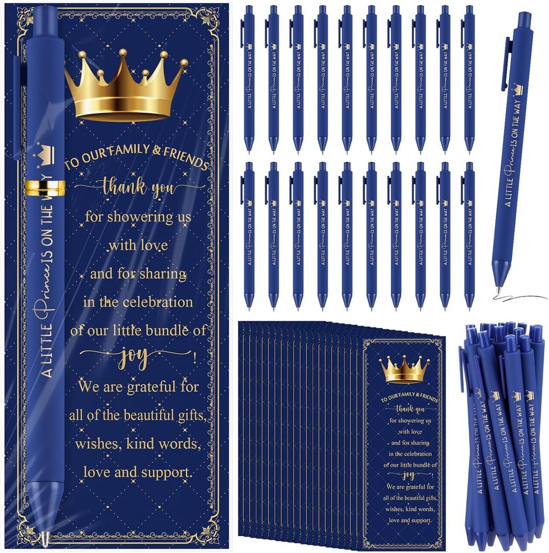 Engrowtic 50 Set Baby Shower Gifts Pens for Guests Bulk Royal Prince Baby Shower Party Favors A Little Prince is On The Way Retractable Ballpoint Pens with Thank You Cards Gender Reveal Return Gifts