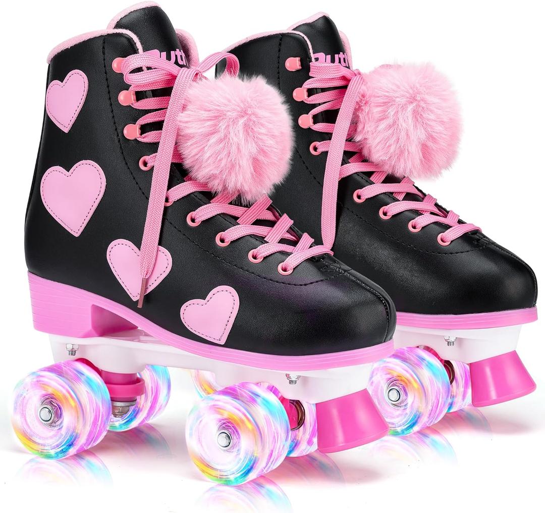 Women's and Girl's Classic Roller Skates with Light up Wheels and Love Heart Pattern, High-top PU Leather Rollerskates (Youth's 2, BLACK)