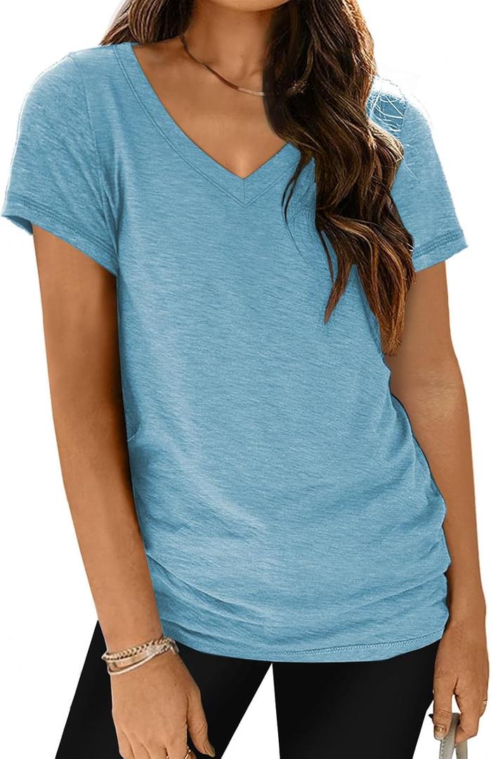Gym Shirts Women Quick Dry V Neck Athletic Tops Gym Clothes Light Blue 2XL