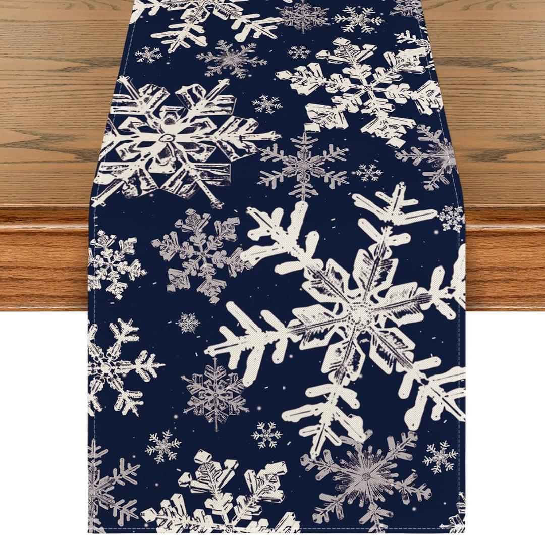 Artoid Mode Aqua Snowflakes Christmas Table Runner, Seasonal Winter Holiday Kitchen Dining Table Decoration for Home Party Decor 13x90 Inch (Navy Blue)
