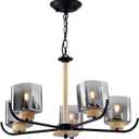 5 Light Glass Chandelier Adjustable Height for Dining Room Bedroom Kitchen Living Room 26.3" Wide E26 Base Black and Wood