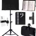 GLEAM Sheet Music Stand - Full Metal with Carrying Bag, Phone Holder, Sheet Music Folder and Clip, 5 in 1 Desktop Book Stand, Black 