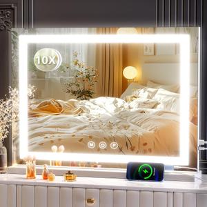Gvnkvn Makeup Vanity Mirror 24" x 19" Large LED Makeup Mirror, Desk Mirorr with Lights, Light up Mirror with 10X Magnification and, Dimmable 3 Modes, Touch Control White