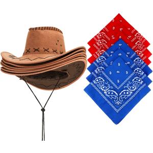 SATINIOR 6 Set Western Cowboy Hat with Bandanna Cowboy Party Bandannas Pack Western Faux Felt Farmer Hat for Halloween Christmas Carnival Costume Accessories Cosplay Fancy Dress Party Favorite